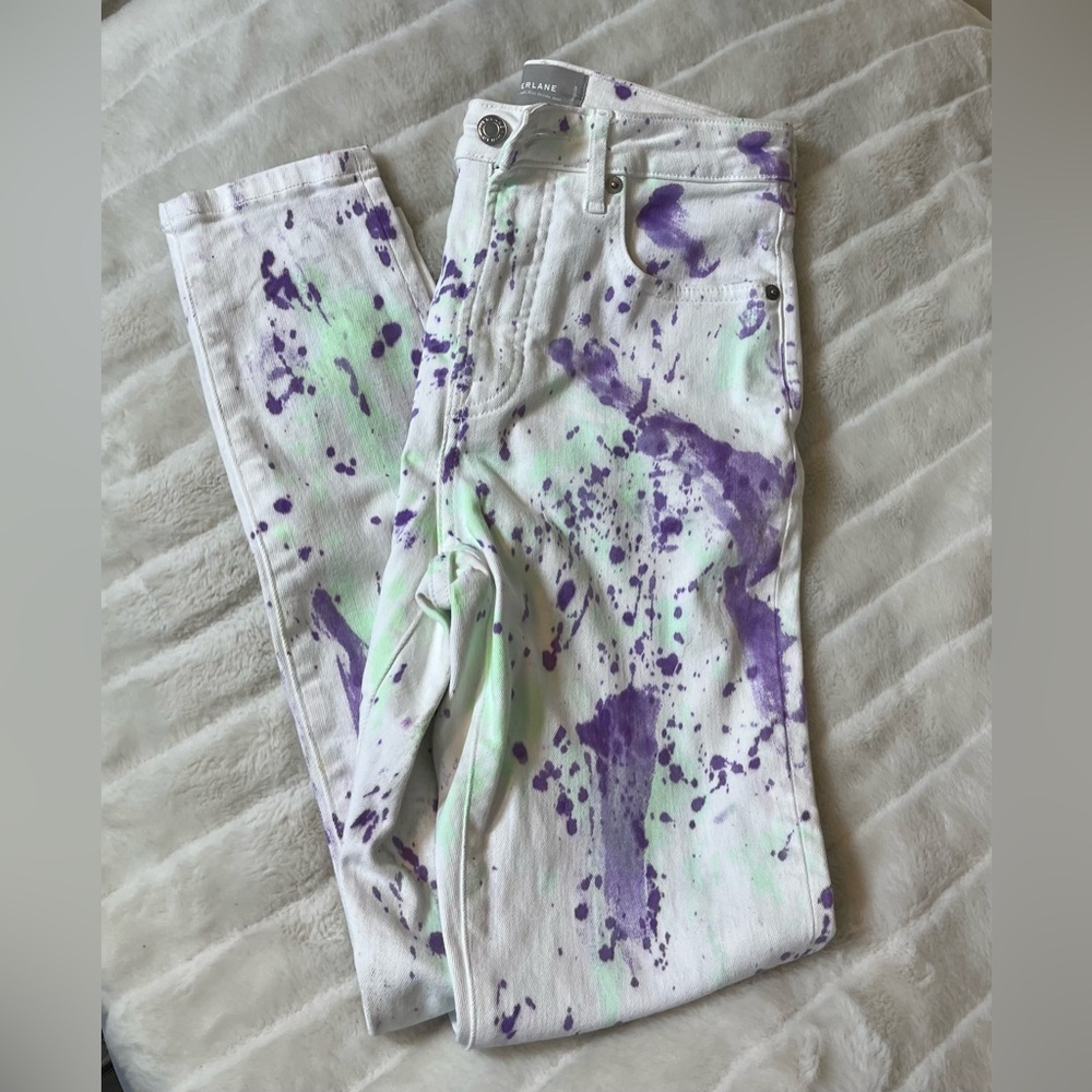 Everlane 26/27 Bleach Dye Skinny Ankle High Rise White Purple Green Jeans Preppy